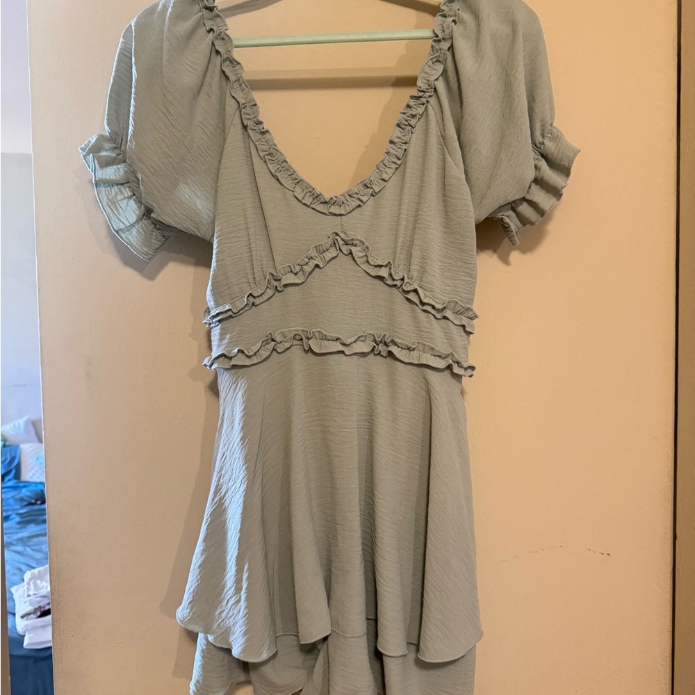 Light Sage Ruffle V-Neck Mini Dress